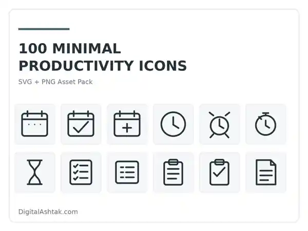 100 Minimal Productivity Icons — SVG + PNG Asset Pack