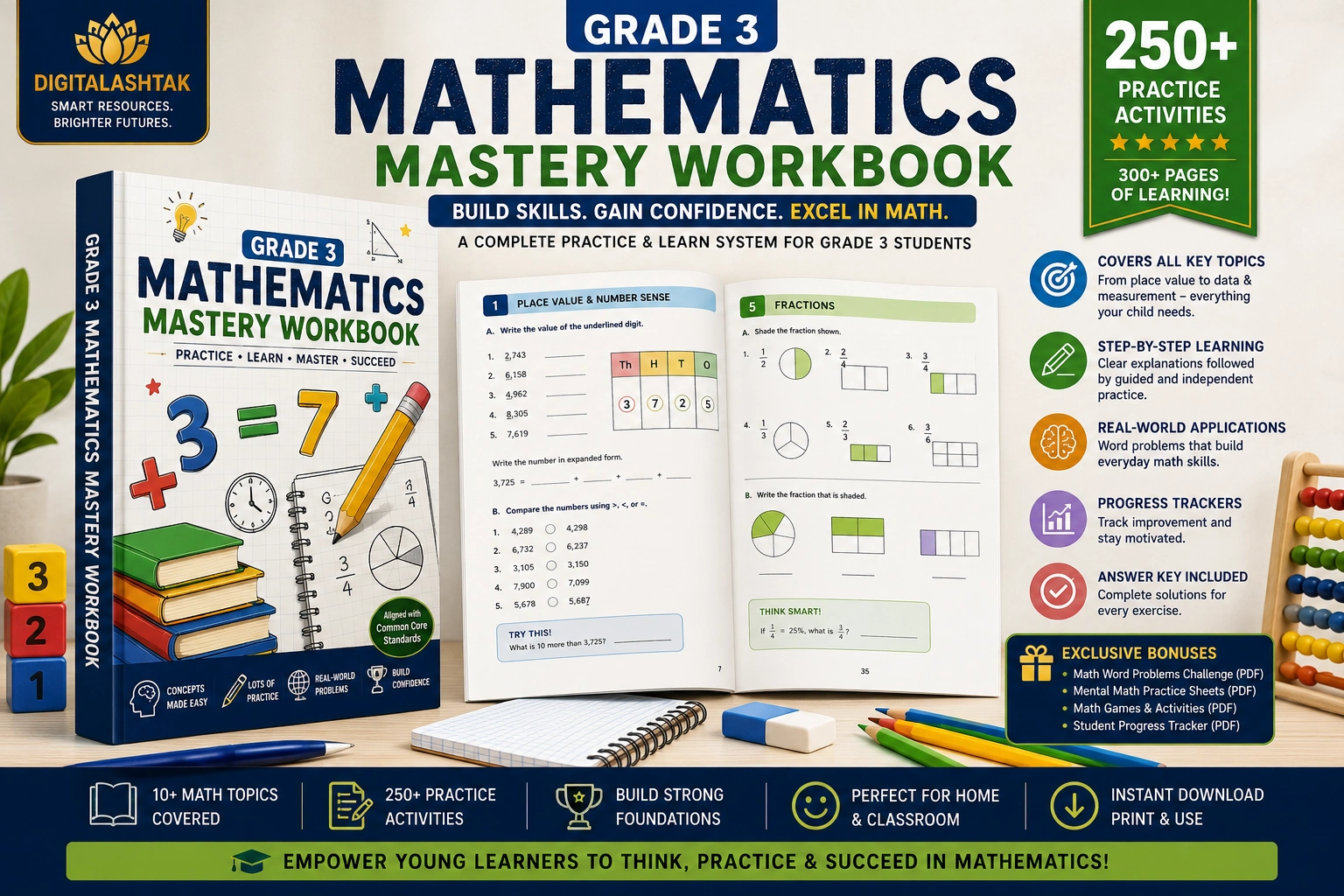 Grade 3 Mathematics Mastery Workbook — Complete Practice for Number Sense, Operations, Fractions, Measurement, Geometry, Data & Problem Solving