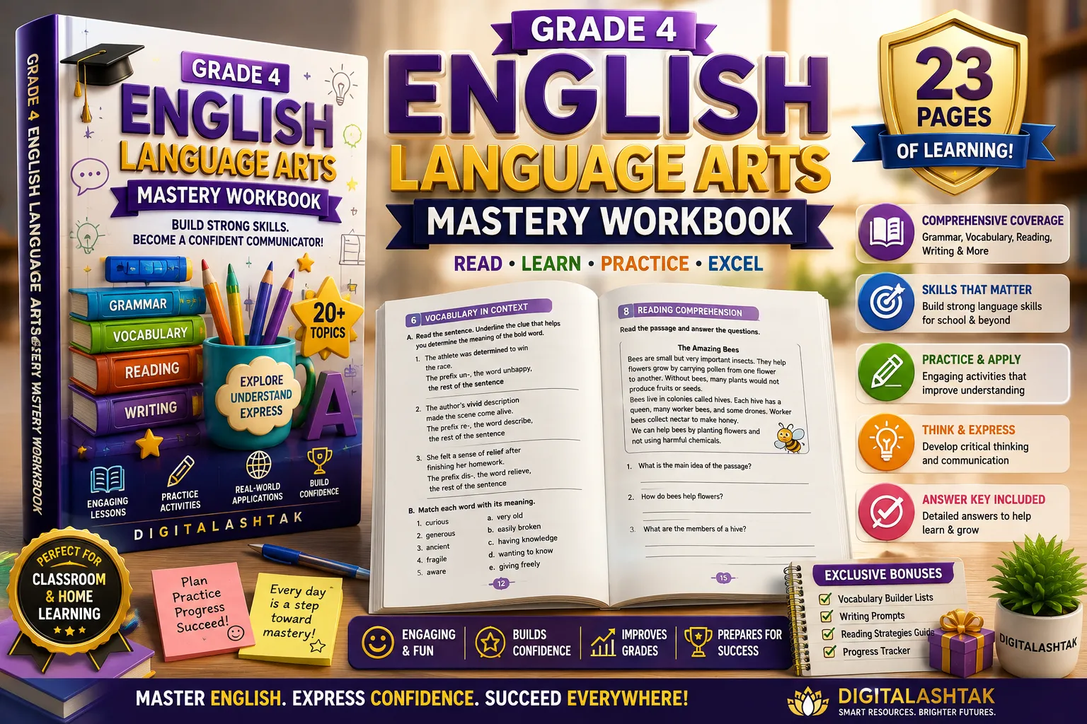 Grade 4 English Language Arts Mastery Workbook — Grammar, Vocabulary, Reading & Writing